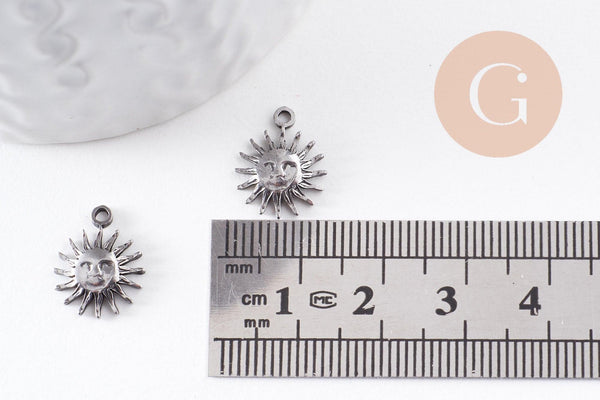 Pendentif soleil acier inoxydable 304 platine 14.5mm, x1 (G10056)