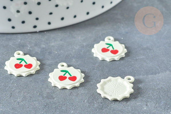 Pendentif soleil cerise rond zamac émail blanc 18mm, création bijoux fruit, x1 (G8041)