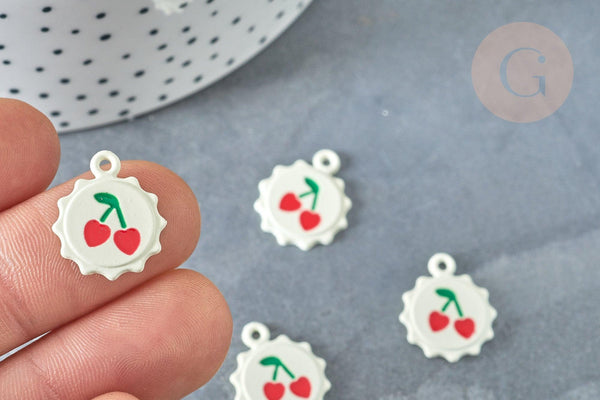 Pendentif soleil cerise rond zamac émail blanc 18mm, création bijoux fruit, x1 (G8041)