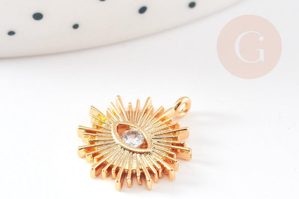 Pendentif soleil laiton doré 18k zircon 17mm, pendentif en cristal pour création bijoux porte bonheur pour femme en zircon, x1 G3968