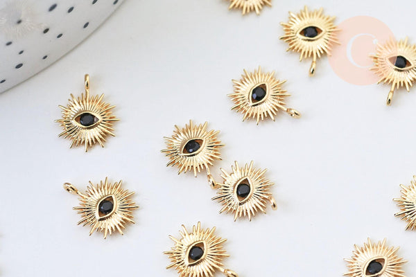 Pendentif soleil laiton doré 18k zircon noir 14mm, x1 (G5515)