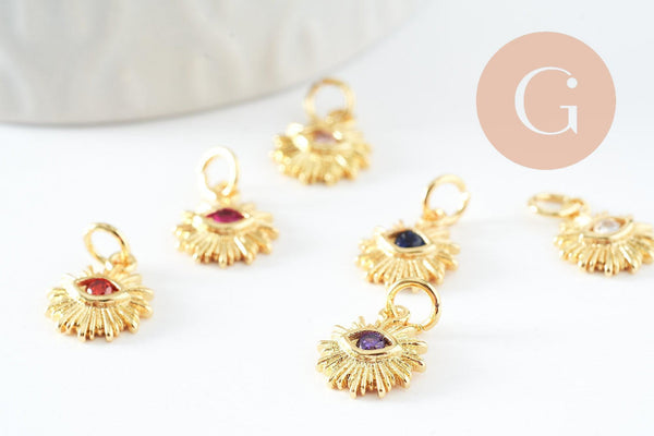 Pendentif soleil laiton doré 18k zircon, pendentif en cristal pour création bijoux porte bonheur pour femme en zircon,12.5mm, x1 (G6195)