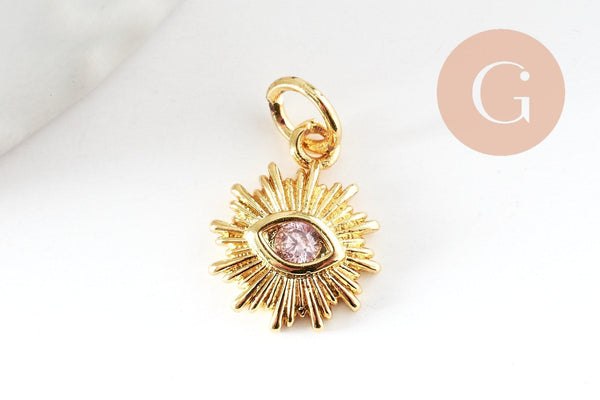 Pendentif soleil laiton doré 18k zircon, pendentif en cristal pour création bijoux porte bonheur pour femme en zircon,12.5mm, x1 (G6195)