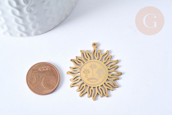 Pendentif soleil mystique acier 201 inoxydable dore 37.5mm, x1 (G5684)