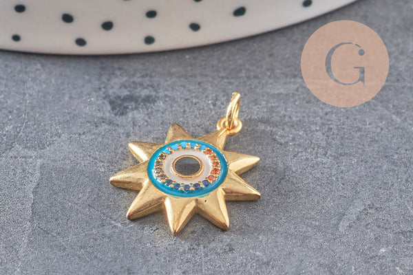 Pendentif soleil oeil cristal zircon émail bleu 21.5mm, x1 (G3555)