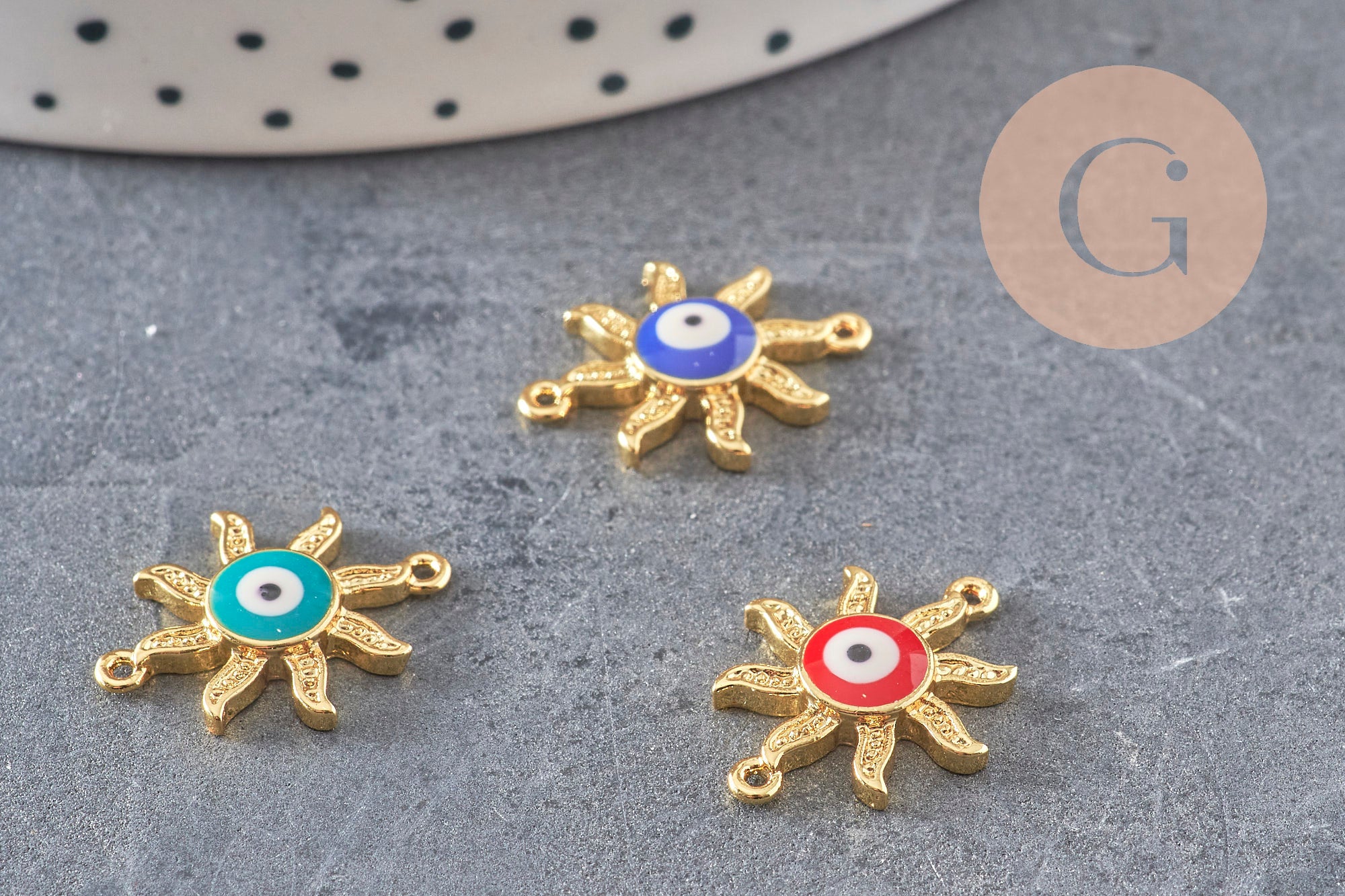 Pendentif soleil oeil cristal zircon émail coloré, x 2 (G1816)