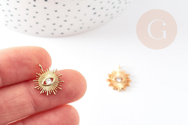 Pendentif soleil zamac doré 18k zircon 16.5mm, x1 (G10546)