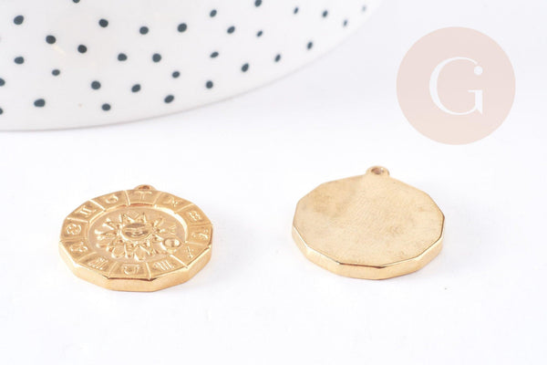 Pendentif soleil zodiaque acier 304 inoxydable doré 24mm,x1 (G4053)