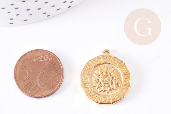 Pendentif soleil zodiaque acier 304 inoxydable doré 24mm,x1 (G4053)