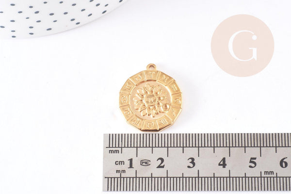 Pendentif soleil zodiaque acier 304 inoxydable doré 24mm,x1 (G4053)