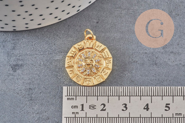 Pendentif soleil zodiaque doré 18K et zircons,pendentif doré horoscope,porte-bonheur,laiton doré, Pendentif soleil,21mm, x1 G4063