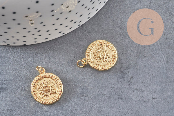Pendentif soleil zodiaque doré 18K,pendentif doré horoscope,porte-bonheur,laiton doré, Pendentif soleil,21mm, x1 (G3165)