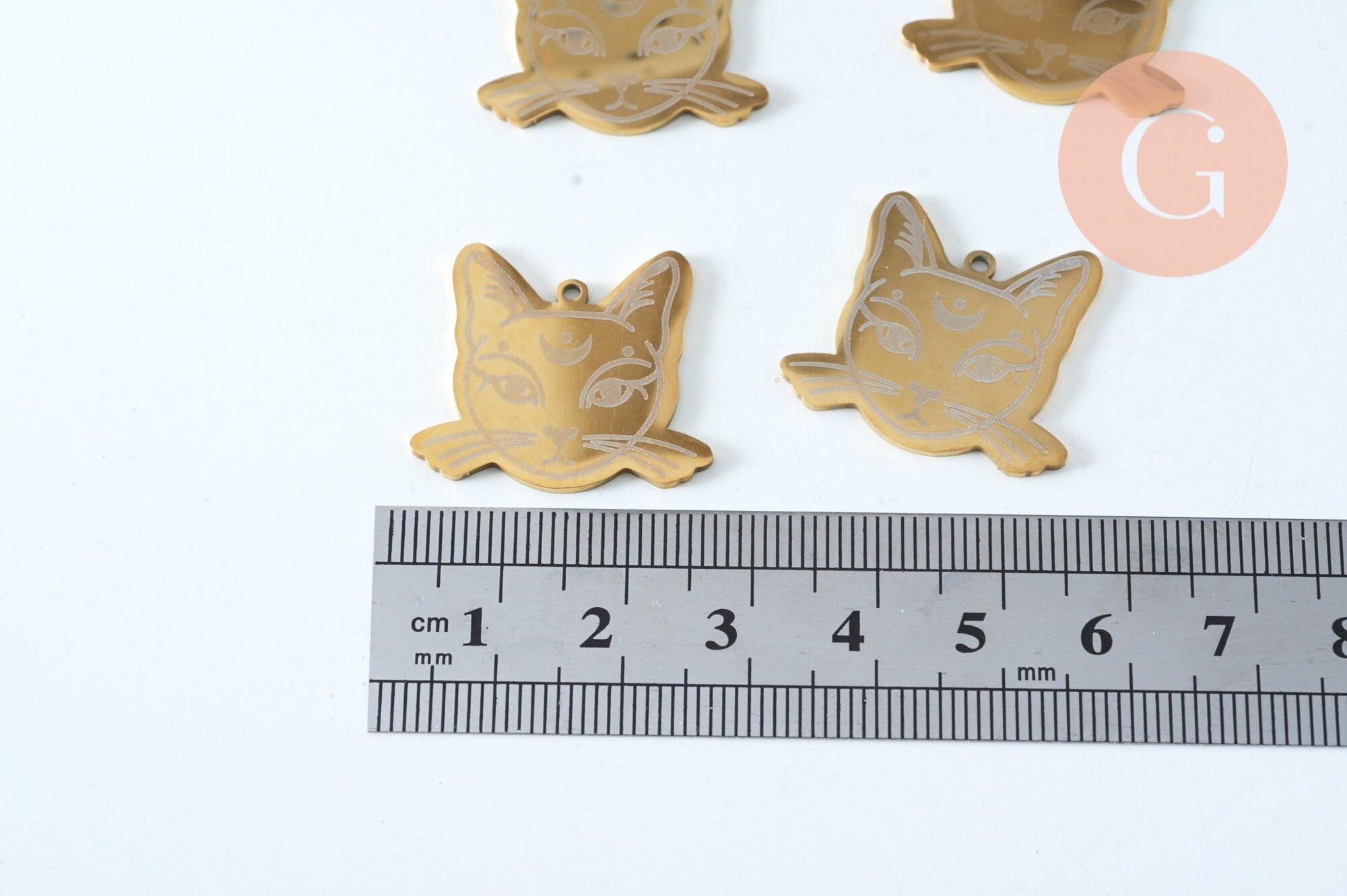 Pendentif tête de chat mystique acier doré inoxydable 22mm doré, x1 (G6017)