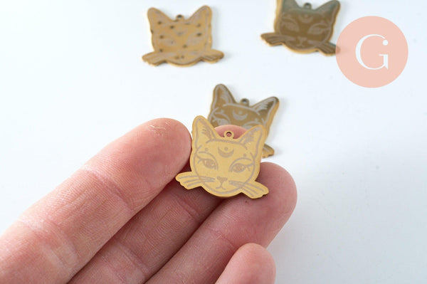 Pendentif tête de chat mystique acier doré inoxydable 22mm pour la création de bijoux en acier doré, x1 (G6017)