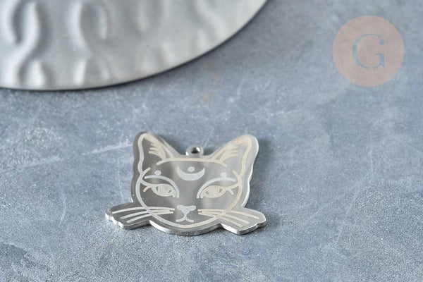 Pendentif tête de chat mystique argenté acier inoxydable 22mm pour la création de bijoux en acier inoxydable, x1 G7614