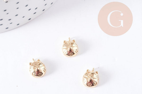 Pendentif tête de chat porte-bonheur laiton doré 18K 11mm, x1 (G9016)