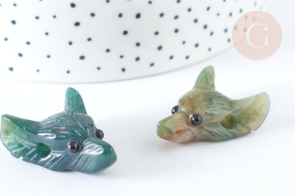 Pendentif tête de loup agate indienne 37-42mm, x1 (G7555)