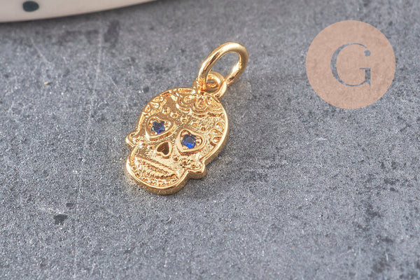 Pendentif tête de mort laiton doré zircons, pendentif sans nickel, pendentif laiton doré,12.5mm, x1 (G5428)