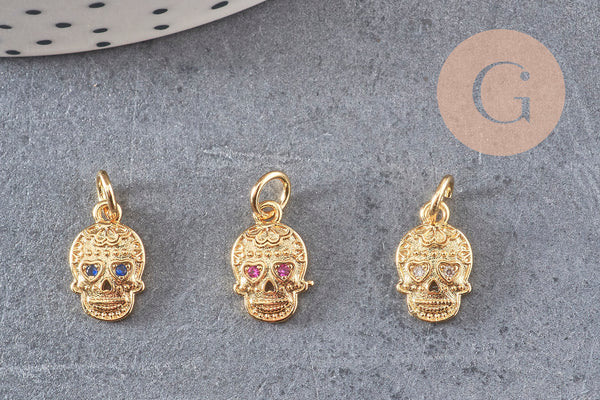 Pendentif tête de mort laiton doré zircons, pendentif sans nickel, pendentif laiton doré,12.5mm, x1 (G5428)