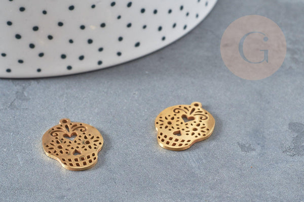 Pendentif tête de mort mexique acier 201 inoxydable dore 22mm,breloque acier inoxydable doré dia de muertos, x1 G4609