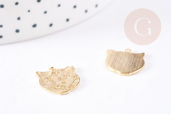 Pendentif tête de tigre laiton doré 16K 16mm,pendentif animal sauvage x1 G9073