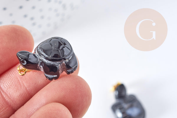 Pendentif tortue agate naturelle noire support doré 21mm, pendentif pierre création bijoux, x1, G8638