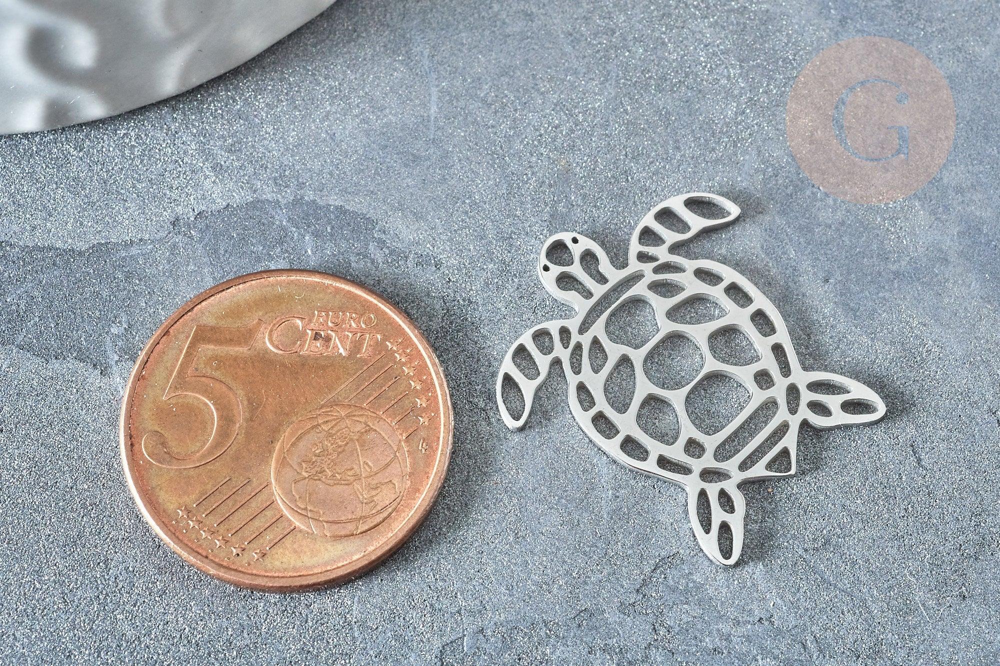 Pendentif tortue argenté acier 201 inoxydable 24mm, x1 (G7615)
