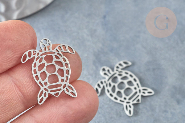 Pendentif tortue argenté acier inoxydable 24mm, acier inoxydable, x1 G7615