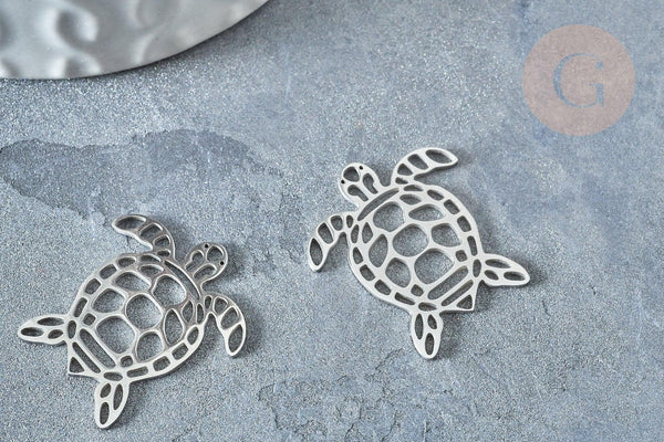 Pendentif tortue argenté acier inoxydable 24mm, acier inoxydable, x1 G7615