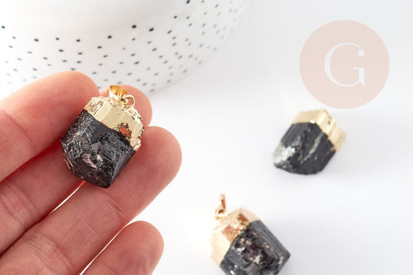 Pendentif tourmaline noire brute laiton doré 26-46mm, x1 (G0157)