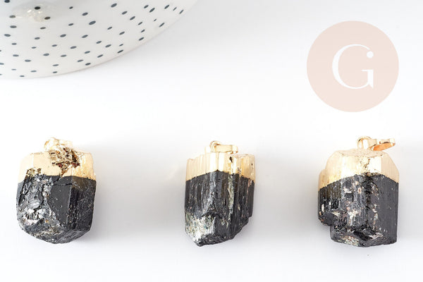 Pendentif tourmaline noire brute laiton doré 26-46mm, x1 (G0157)