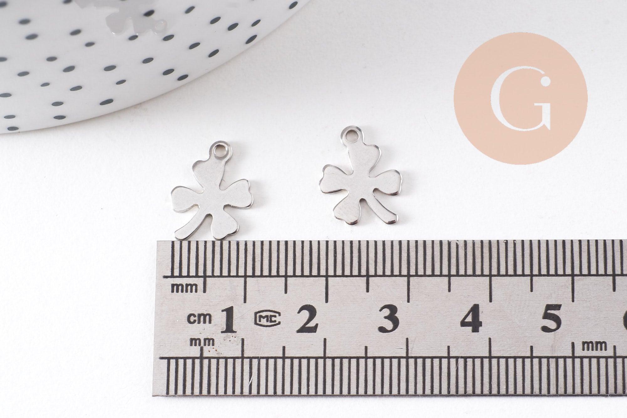 Pendentif trèfle 4 feuilles acier 201 inoxydable platine 13.5mm, x2 (G10482)