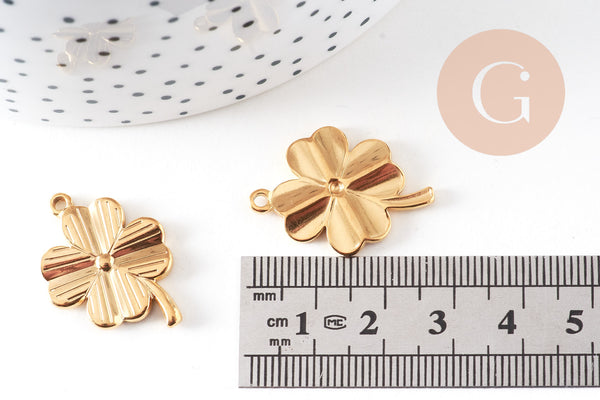 Pendentif trèfle 4 feuilles acier 304 inoxydable doré IP 25.5mm, x1 (G10807)