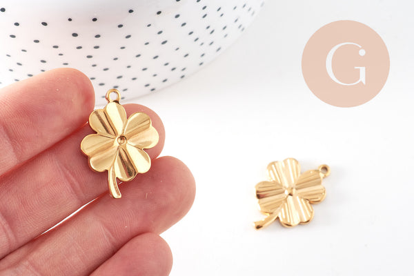 Pendentif trèfle 4 feuilles acier 304 inoxydable doré IP 25.5mm, x1 (G10807)