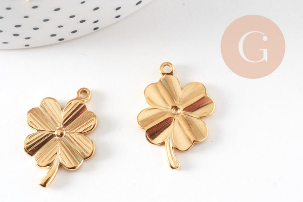 Pendentif trèfle 4 feuilles acier 304 inoxydable doré IP 25.5mm, x1 (G10807)