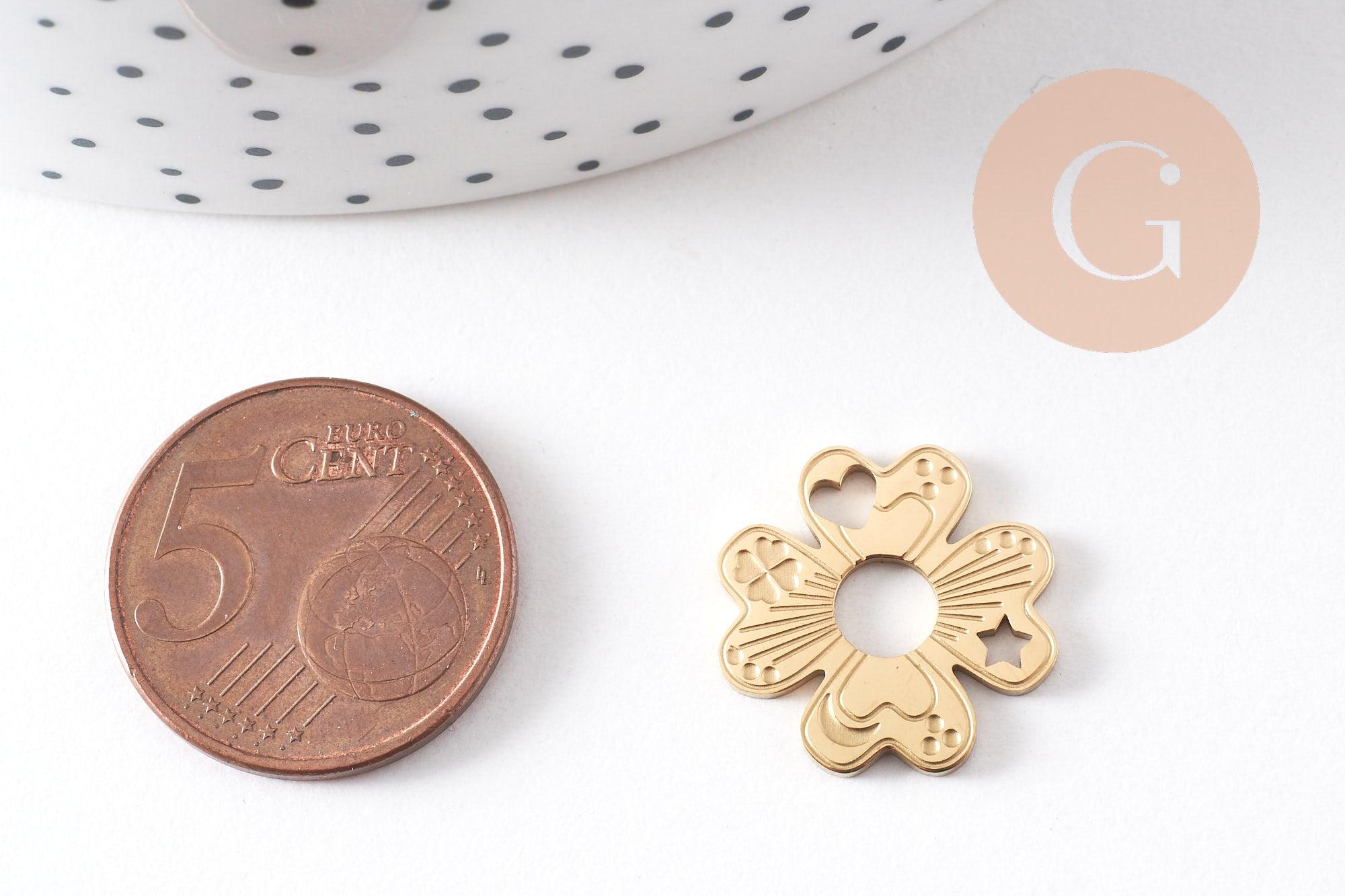 Pendentif trèfle 4 feuilles acier 316 inoxydable doré IP 17mm, x1 (G10507)