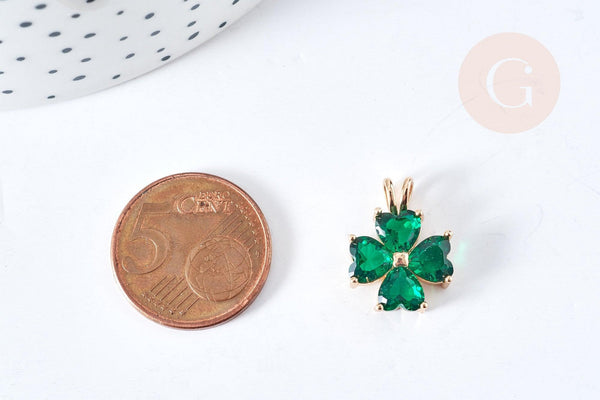 Pendentif trèfle 4 feuilles laiton doré 18K zircons vert 18.5mm, x1 (G8403)