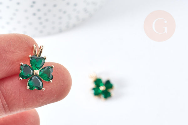 Pendentif trèfle 4 feuilles laiton doré 18K zircons vert 18.5mm, x1 (G8403)