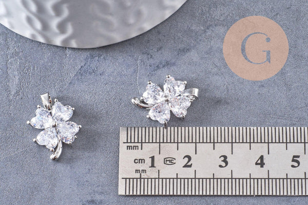 Pendentif trèfle 4 feuilles laiton platine zircons 17mm, x1 (G10403)