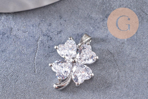 Pendentif trèfle 4 feuilles laiton platine zircons 17mm, x1 (G10403)