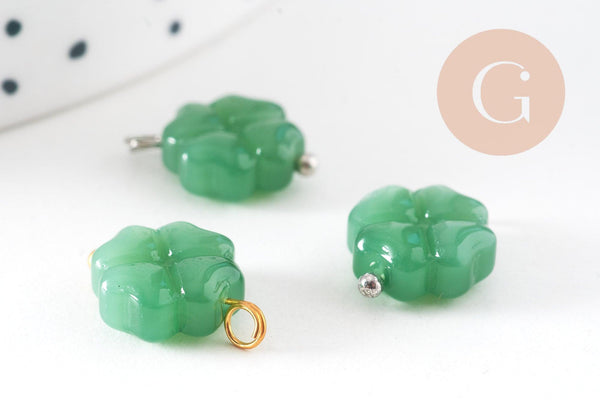 Pendentif trèfle 4 feuilles verre vert laiton 14.5mm, x1 (G10824)