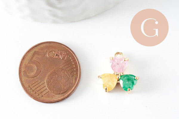 Pendentif trèfle trois feuille laiton doré 18K et zircons colorés,breloque laiton feuille, 14mm, x1 (G4457)