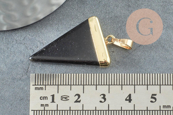 Pendentif triangle agate noire, fournitures créatives, pendentif pierre, support doré,création bijoux, pierre naturelle, 33mm, x1 (G1657)