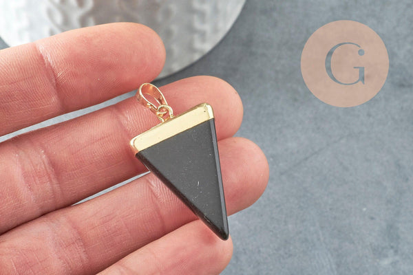 Pendentif triangle agate noire, fournitures créatives, pendentif pierre, support doré,création bijoux, pierre naturelle, 33mm, x1 (G1657)
