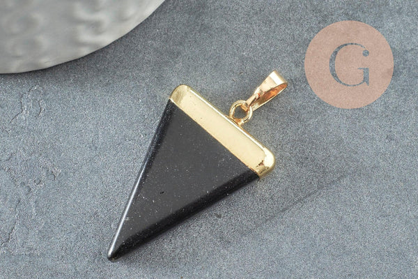 Pendentif triangle agate noire, fournitures créatives, pendentif pierre, support doré,création bijoux, pierre naturelle, 33mm, x1 (G1657)