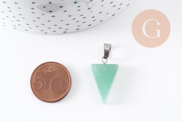 Pendentif triangle aventurine verte naturelle acier inoxydable platine 24mm, x1 (G10060)