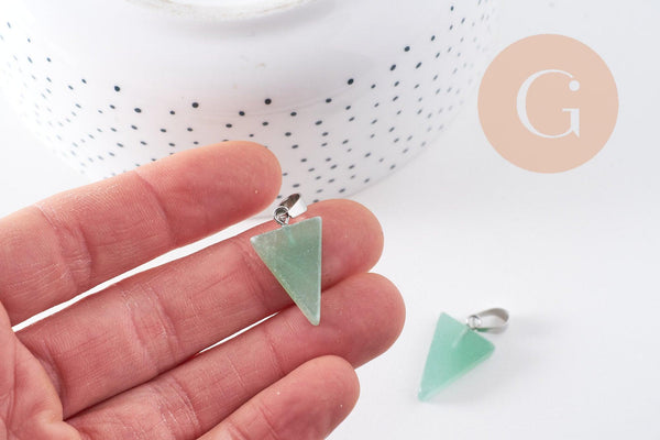 Pendentif triangle aventurine verte naturelle acier inoxydable platine 24mm, x1 (G10060)