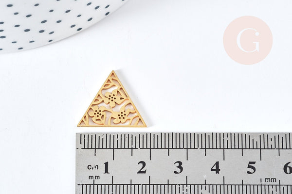 Pendentif triangle fleuri acier doré 17mm, breloque doré, acier inoxydable doré, pendentif sans nickel, création bijoux, x1 (G5925)