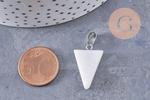 Pendentif triangle jade naturel blanc acier inoxydable platine 24mm, x1 (G10059)