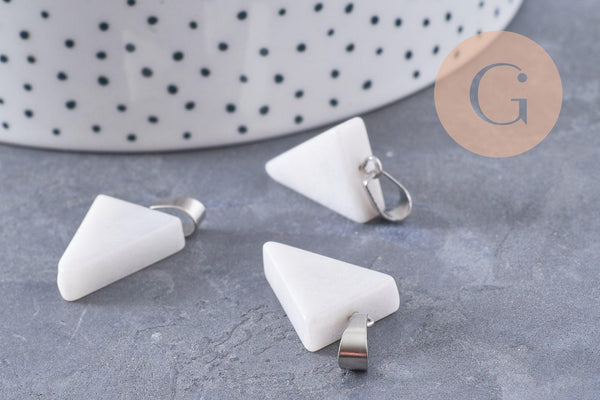 Pendentif triangle jade naturel blanc acier inoxydable platine 24mm, x1 (G10059)